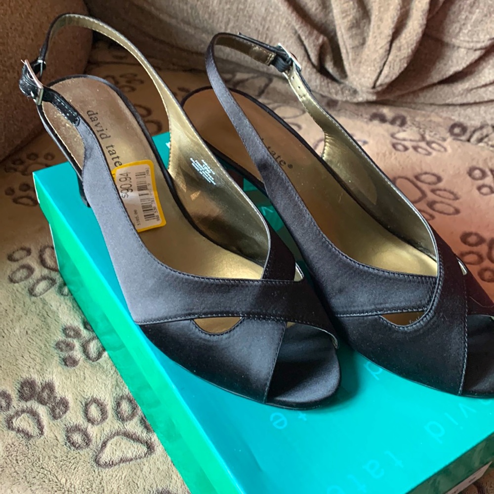 David Tate black satin special occasion heels - peek a boo toes - size 10 wide